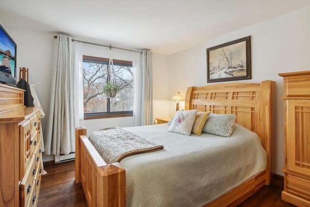 bedroom featuring dark hardwood / wood-style floors and a baseboard radiator