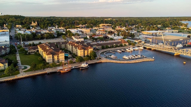 birds eye view of property with a water view