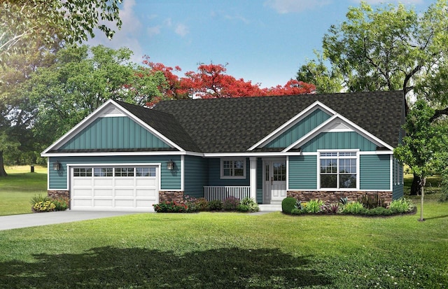 craftsman inspired home with a front lawn, covered porch, and a garage