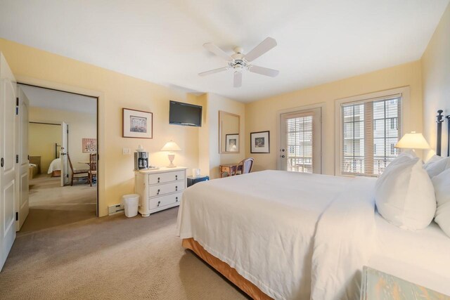 bedroom with light colored carpet and ceiling fan