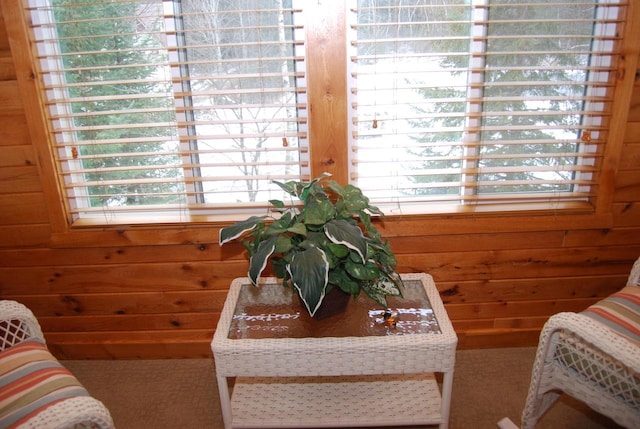 sitting room featuring carpet floors and wood walls