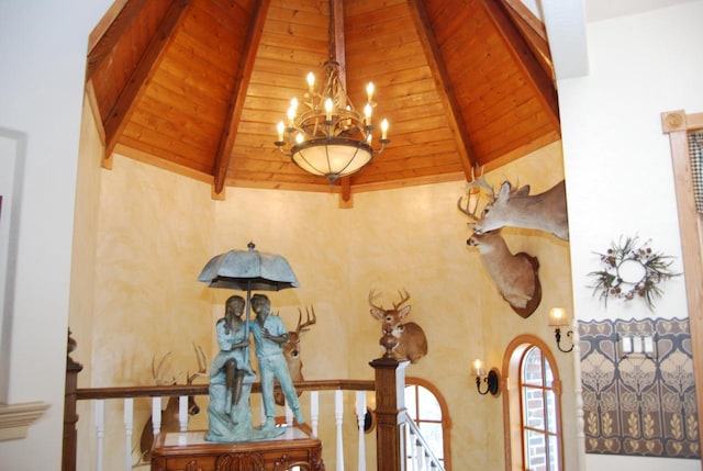 details featuring beam ceiling, wooden ceiling, and a chandelier