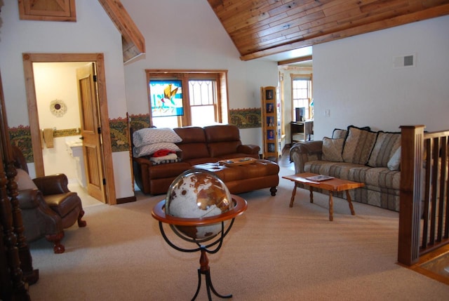 living room with carpet flooring, lofted ceiling, and wood ceiling