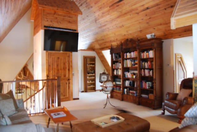 living room featuring wood ceiling, light colored carpet, and vaulted ceiling