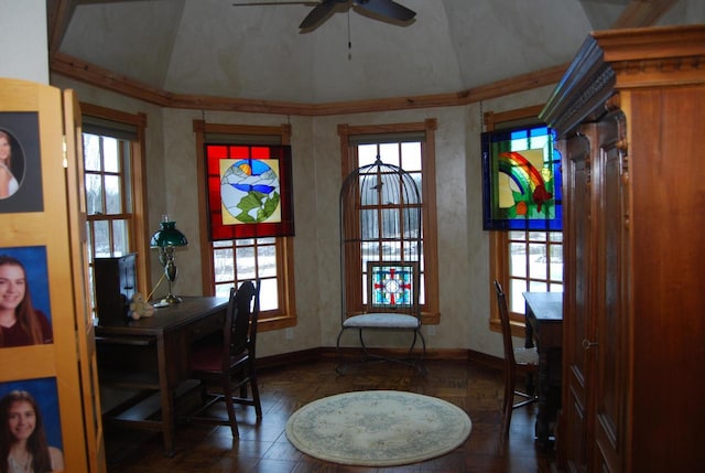 office featuring a wealth of natural light, ceiling fan, and lofted ceiling