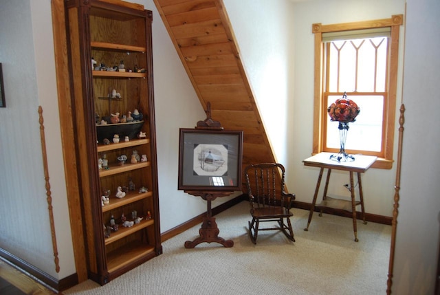 interior space with carpet flooring and wood ceiling