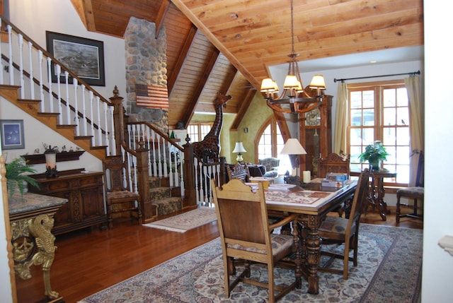 dining room featuring vaulted ceiling with beams, a healthy amount of sunlight, wood ceiling, and hardwood / wood-style flooring