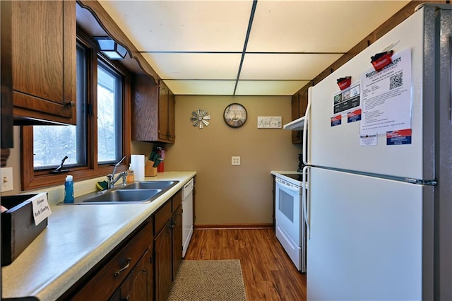 kitchen featuring white appliances, sink, dark hardwood / wood-style flooring, dark brown cabinetry, and extractor fan