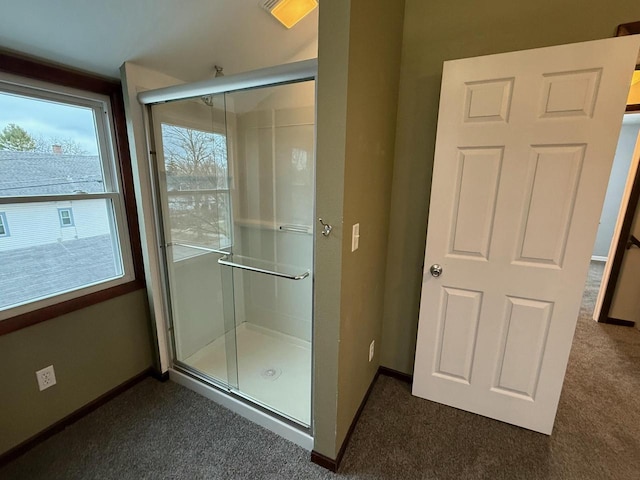 bathroom featuring a shower with shower door