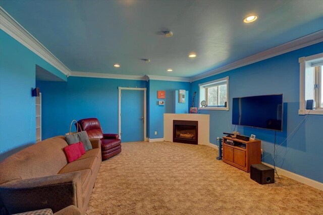 living room featuring carpet floors and ornamental molding