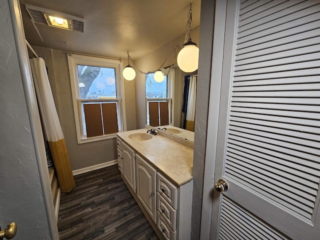 bathroom featuring hardwood / wood-style floors, vanity, and a shower with curtain