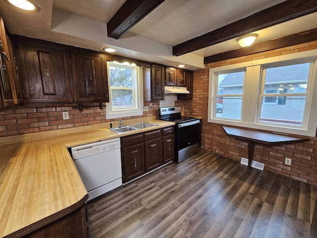 kitchen with dishwasher, dark brown cabinetry, stainless steel electric range, dark hardwood / wood-style floors, and brick wall