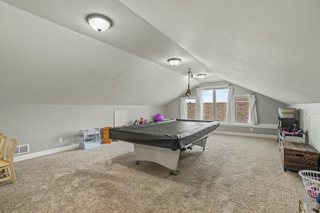 rec room featuring carpet floors, pool table, and vaulted ceiling