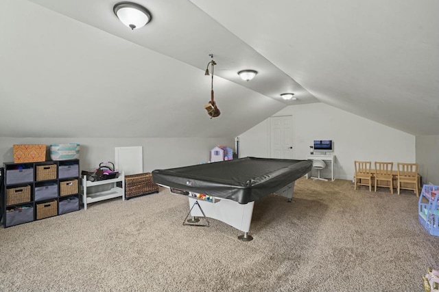 playroom featuring carpet flooring, lofted ceiling, and billiards