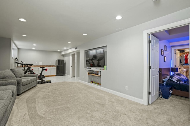 living room featuring light colored carpet