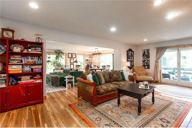 living room featuring light hardwood / wood-style floors and a notable chandelier