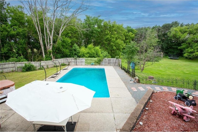 view of pool with a yard, a trampoline, and a patio area