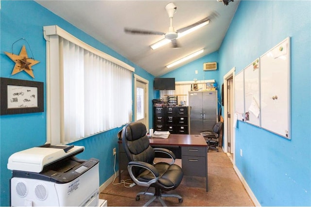 office area featuring ceiling fan and vaulted ceiling