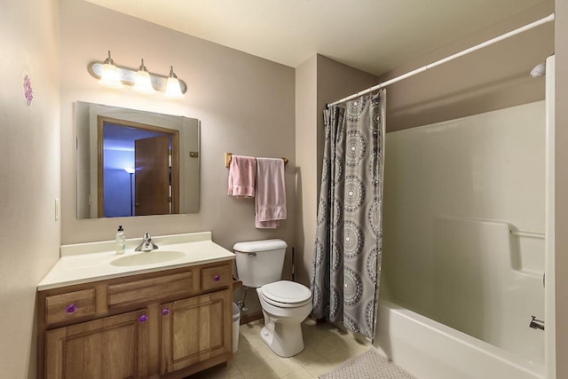 full bathroom featuring tile patterned flooring, vanity, toilet, and shower / bath combo with shower curtain