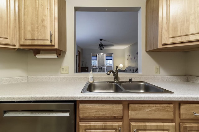 kitchen with ceiling fan, dishwasher, light brown cabinets, and sink