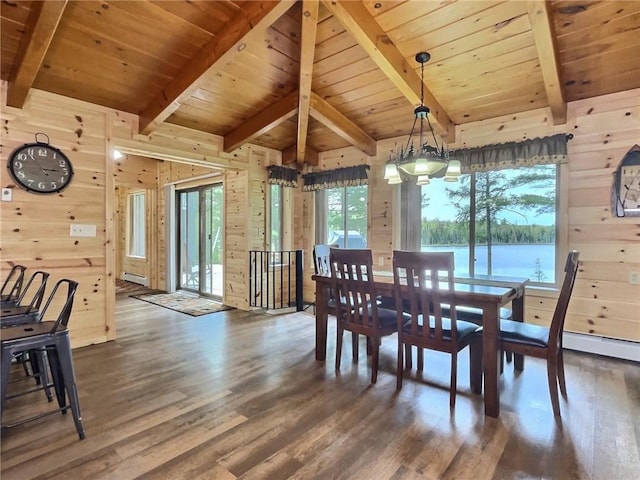 dining area featuring dark hardwood / wood-style flooring, wood walls, and a water view