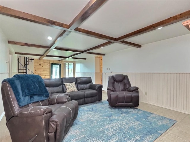 living room featuring beam ceiling, light tile patterned floors, and coffered ceiling