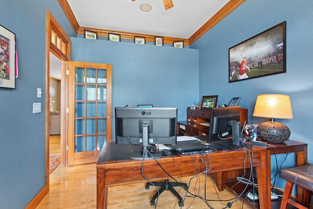 office area with ceiling fan, light hardwood / wood-style floors, and ornamental molding