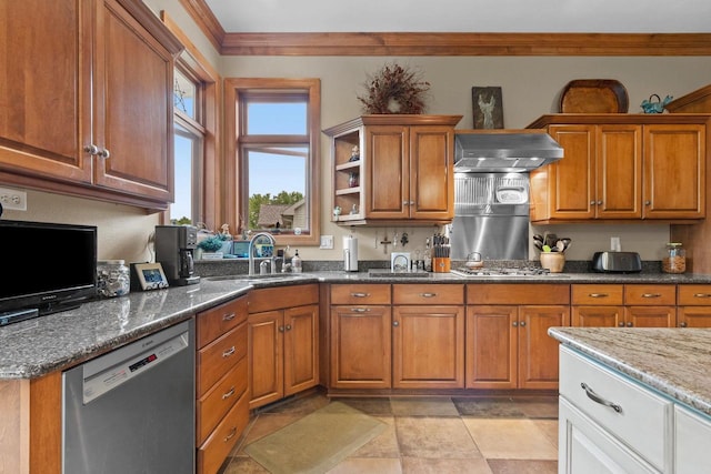 217 Hidden Ridges Way, Combined Locks, WI 54113 - kitchen with stainless steel appliances, a sink, brown cabinetry, dark stone counters, and ornamental molding