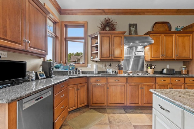 kitchen with wall chimney exhaust hood, stainless steel appliances, crown molding, sink, and stone countertops