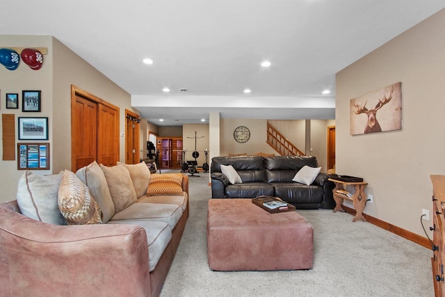 living room featuring light carpet