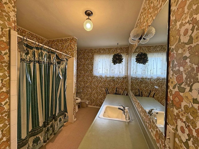 637 N Wright Rd, Janesville, WI 53546 - full bathroom featuring a tub, a shower with shower curtain, and wallpapered walls