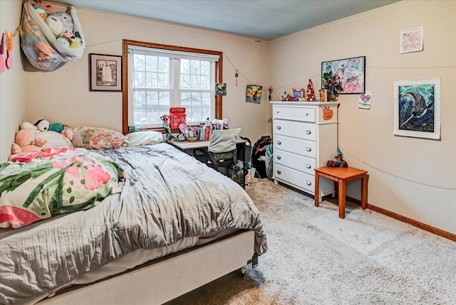 bedroom featuring carpet floors and ornamental molding