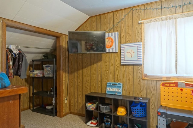 interior space with wooden walls, a closet, and lofted ceiling