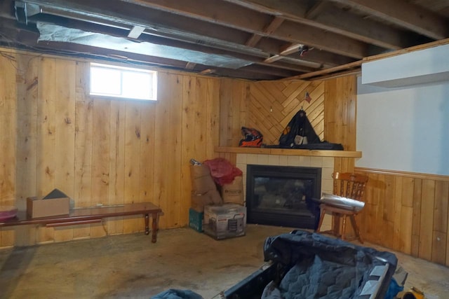 basement featuring wooden walls and a fireplace