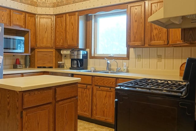 kitchen featuring black range, sink, and range hood