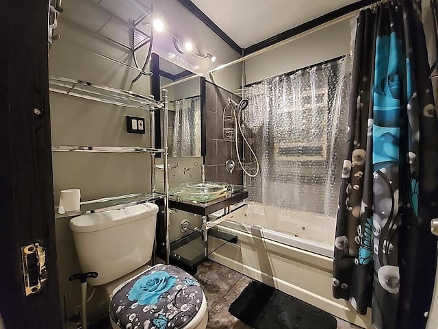 bathroom featuring toilet and shower / tub combo with curtain