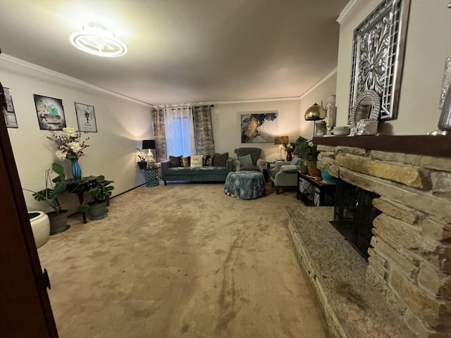 carpeted living room with a fireplace and crown molding