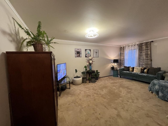 carpeted living room with crown molding