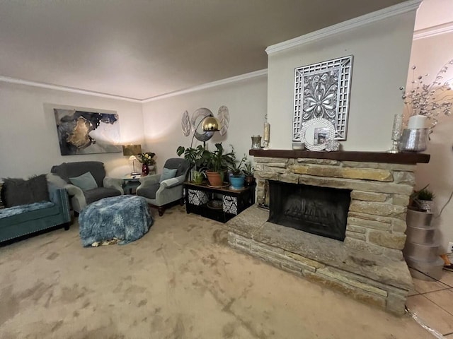 carpeted living room featuring a stone fireplace and crown molding