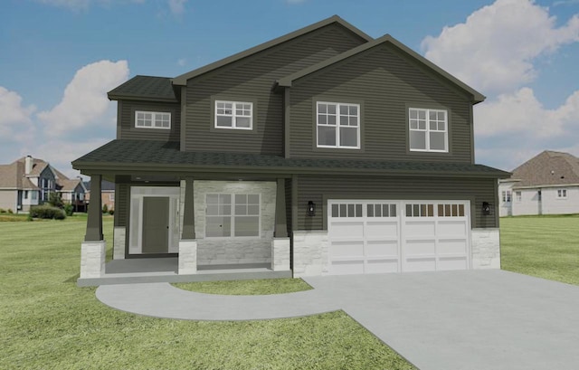 view of front of house featuring covered porch, a garage, and a front yard