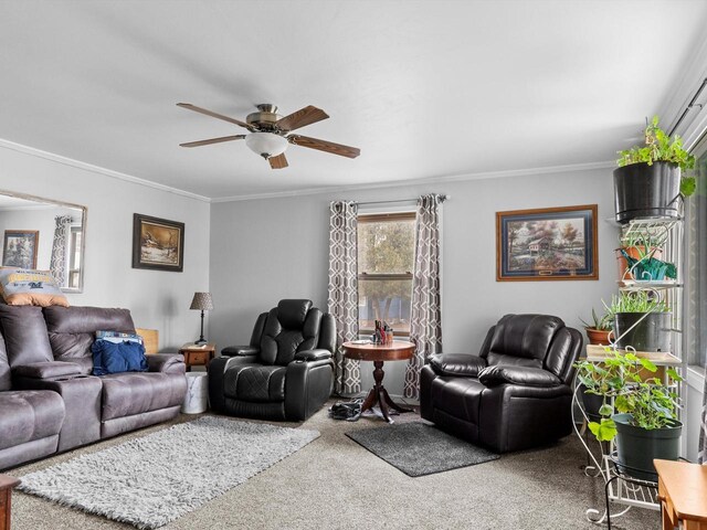 carpeted living room featuring ceiling fan and ornamental molding