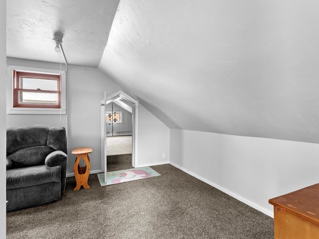 additional living space featuring vaulted ceiling and dark carpet