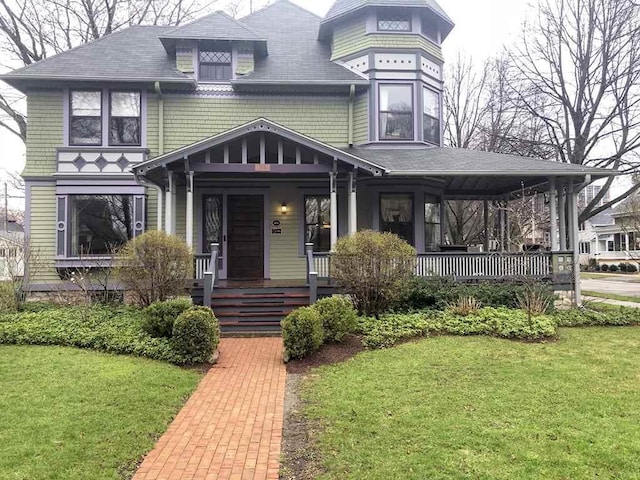 victorian home with a front yard and a porch