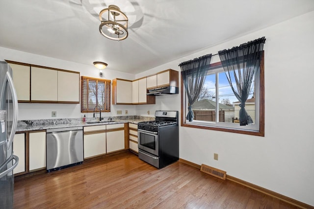 kitchen with light hardwood / wood-style floors, sink, and appliances with stainless steel finishes