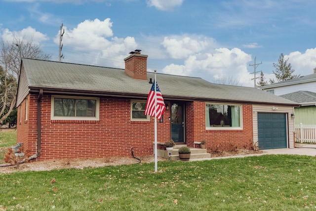 ranch-style home with a garage and a front lawn