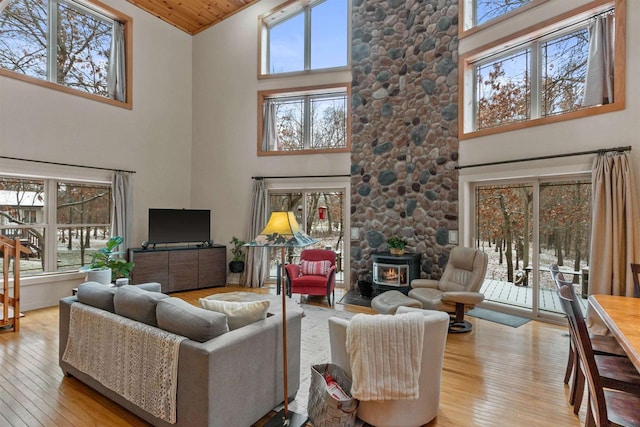 living room featuring wood ceiling, a wood stove, high vaulted ceiling, and light hardwood / wood-style floors