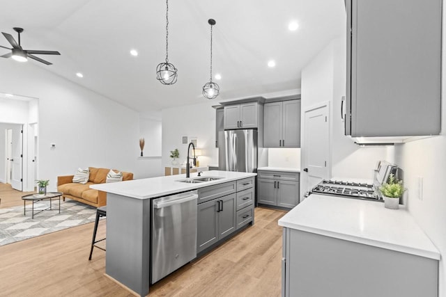 kitchen featuring an island with sink, stainless steel appliances, light hardwood / wood-style floors, and sink