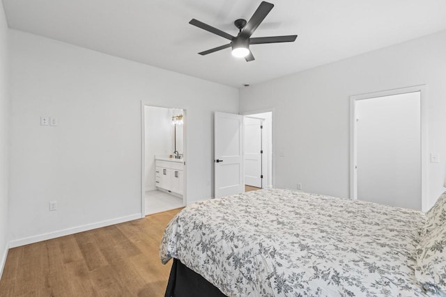 bedroom with ceiling fan, light wood-type flooring, and ensuite bathroom