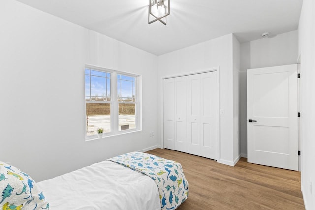 bedroom featuring light hardwood / wood-style floors and a closet