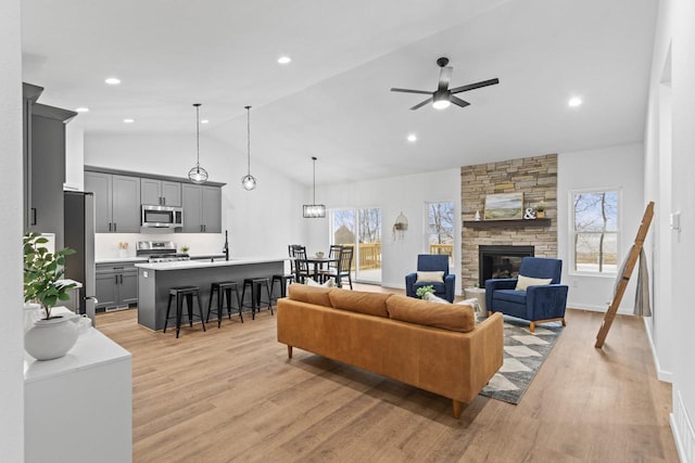 living room with light hardwood / wood-style flooring, a healthy amount of sunlight, and vaulted ceiling